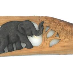 "Teak Wood Hand Carving Elephant With Tree Art Home Decor Wall Hanging Natural Wooden Carved/Gift 21"" X 7" - thumbnail 3