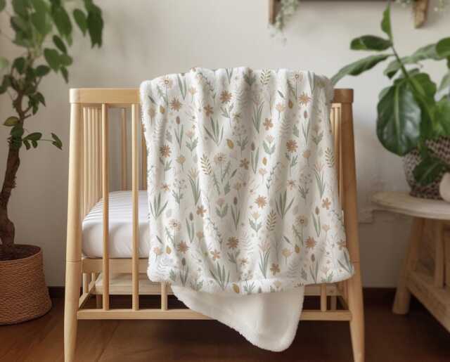 Flowers - Sage & Beige, Sherpa Fleece Blanket, Decor, Kids Bedding, Blankets, Children's Room, Floral, Flower, Pretty Girls Blanket - image 1