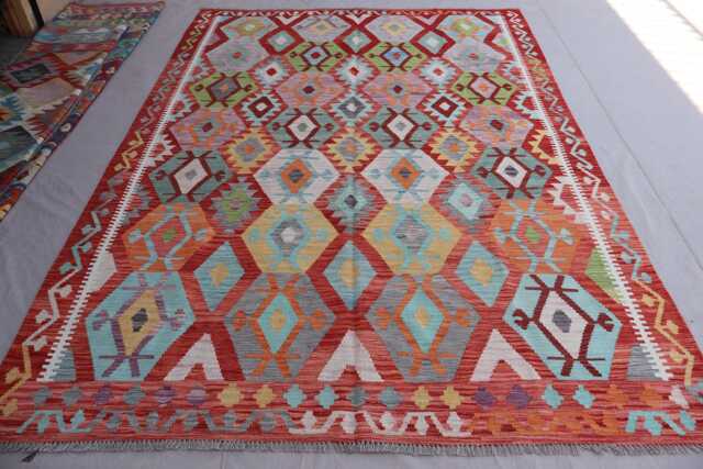7x10 Flatweave Area Rug, Afghan Handmade Kilim Wool Orange Red Blue Gray, Tribal Geometric Oriental Boho Office, Bedroom Rug - image 1