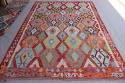 7x10 Flatweave Area Rug, Afghan Handmade Kilim Wool Orange Red Blue Gray, Tribal Geometric Oriental Boho Office, Bedroom Rug - thumbnail 1