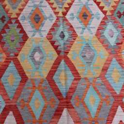 7x10 Flatweave Area Rug, Afghan Handmade Kilim Wool Orange Red Blue Gray, Tribal Geometric Oriental Boho Office, Bedroom Rug - thumbnail 3