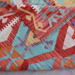 7x10 Flatweave Area Rug, Afghan Handmade Kilim Wool Orange Red Blue Gray, Tribal Geometric Oriental Boho Office, Bedroom Rug - thumbnail 4