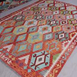 7x10 Flatweave Area Rug, Afghan Handmade Kilim Wool Orange Red Blue Gray, Tribal Geometric Oriental Boho Office, Bedroom Rug - thumbnail 2
