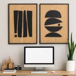 Abstract Wood Wall Art - Mid Century Modern Wall Art Boho Room Bauhaus Minimal Black & White Collection - Set Of 2 - thumbnail 2