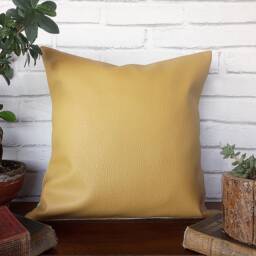 Mustard Faux Leather Pillow Cover Modern Scandinavian Decor - 16x16 Inch - thumbnail 3