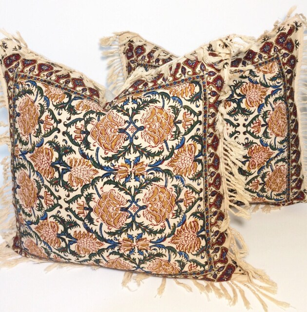 Set Of Two Block Printed Tapestry Pillows, Handprinted Red Flowers Cushions, Cottage Style Gift For New Home, 16 - image 1