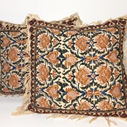 Set Of Two Block Printed Tapestry Pillows, Handprinted Red Flowers Cushions, Cottage Style Gift For New Home, 16 - thumbnail 3