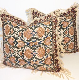 Set Of Two Block Printed Tapestry Pillows, Handprinted Red Flowers Cushions, Cottage Style Gift For New Home, 16 - thumbnail 1