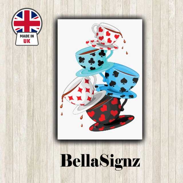 Teacups Metal Sign Queen Of Hearts Playing Cards Wall Decor - image 1