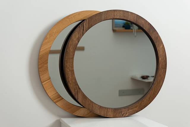Handcrafted Round Oak Wall Mirror Modern Solid Wood Frame - image 1
