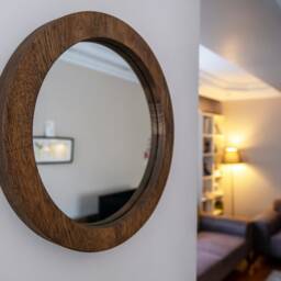 Handcrafted Round Oak Wall Mirror Modern Solid Wood Frame - thumbnail 2