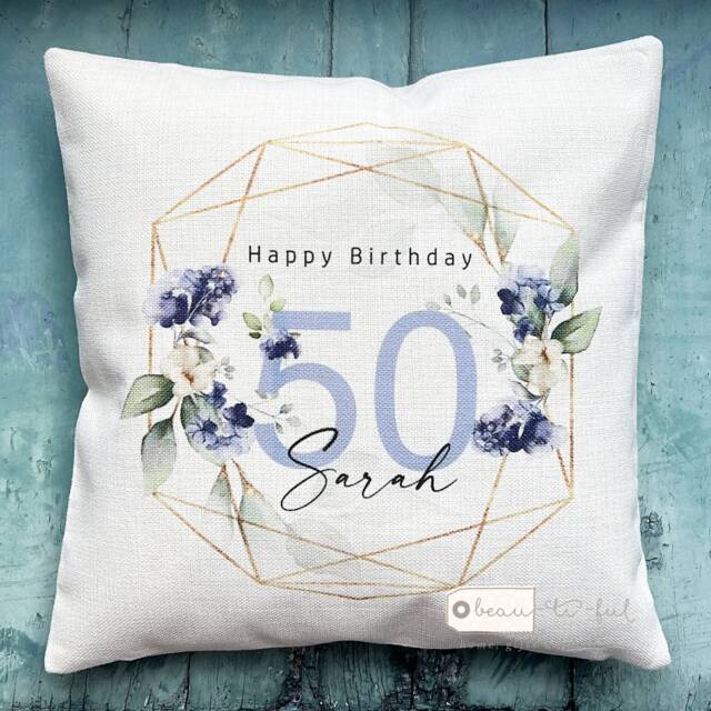 Personalised Happy Birthday Age Milestone 18 21 30 40 50 60 70 80 90 Name Blue Floral Design Home Quote Linen Style Cushion Cover