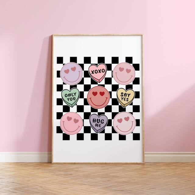 Love Heart Wall Art Print, Retro Checkerboard Valentines Decorations, Personalised, Day, Valentines, Playroom Print 2014 - image 1