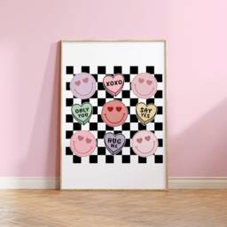 Love Heart Wall Art Print, Retro Checkerboard Valentines Decorations, Personalised, Day, Valentines, Playroom Print 2014 - thumbnail 1