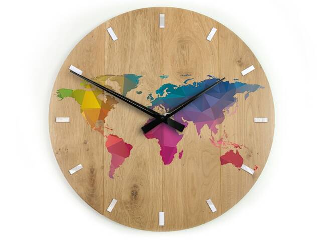 Large Wall Clock -Oak 19.29 in - World Map Clock Wood Colorfull Modern Geometric Wall Art -Unique - image 1