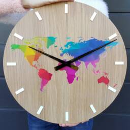 Large Wall Clock -Oak 19.29 in - World Map Clock Wood Colorfull Modern Geometric Wall Art -Unique - thumbnail 2