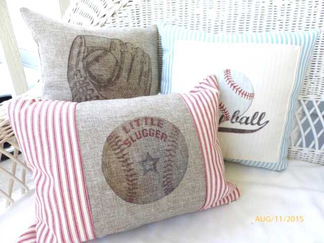 Little Slugger Baseball Pillow Red French Ticking & Burlap - image 1