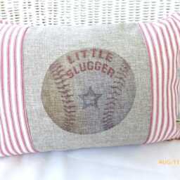 Little Slugger Baseball Pillow Red French Ticking & Burlap - thumbnail 2