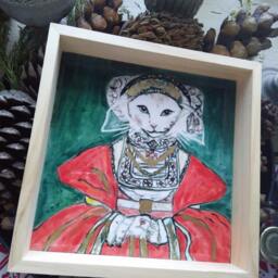 Handpainted Royal Cat Ceramic Tile - Framed Wall Decor - thumbnail 3