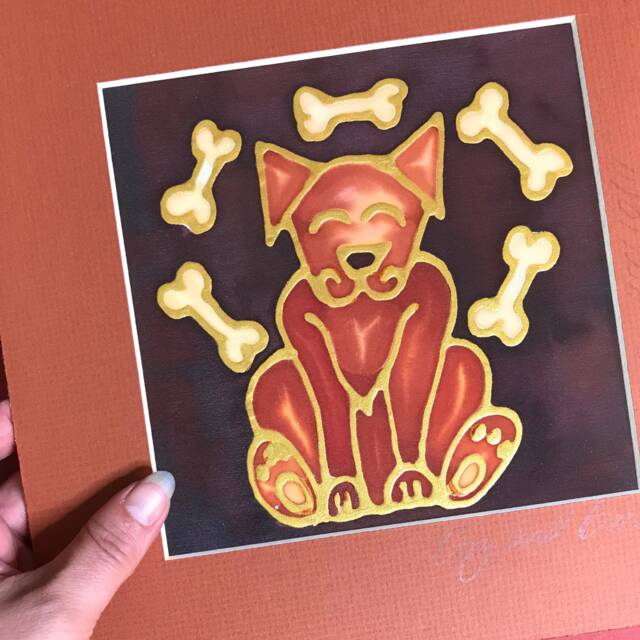 Happy Dog Original Hand Painted Silk. 25x25cm 50%off Terracotta Gold Mounted Original Silk Painting Art - image 1