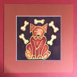 Happy Dog Original Hand Painted Silk. 25x25cm 50%off Terracotta Gold Mounted Original Silk Painting Art - thumbnail 2