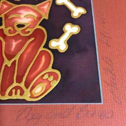 Happy Dog Original Hand Painted Silk. 25x25cm 50%off Terracotta Gold Mounted Original Silk Painting Art - thumbnail 3