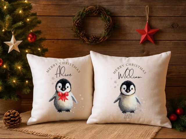 Penguin Christmas Cushion - Personalized For Kids & Home Decor Cute Winter Gift Festive Throw Pillow Cover - image 1