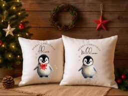 Penguin Christmas Cushion - Personalized For Kids & Home Decor Cute Winter Gift Festive Throw Pillow Cover - thumbnail 1