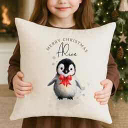 Penguin Christmas Cushion - Personalized For Kids & Home Decor Cute Winter Gift Festive Throw Pillow Cover - thumbnail 3