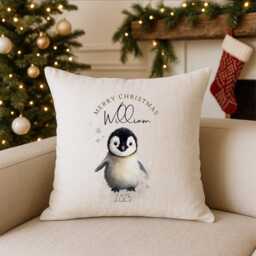 Penguin Christmas Cushion - Personalized For Kids & Home Decor Cute Winter Gift Festive Throw Pillow Cover - thumbnail 4