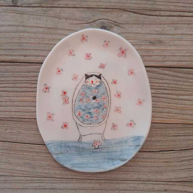 Handmade Ceramic Soap Dish Illustrated Tuxedo Cat in Bath - image 1