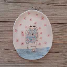 Handmade Ceramic Soap Dish Illustrated Tuxedo Cat in Bath - thumbnail 1