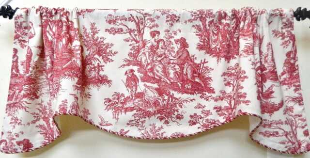 Waverly Country Life Weekend Garnet & Ivory Window Valance Lined Corded Rod Pocket Scalloped French Romantic Toile - image 1
