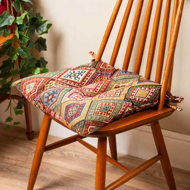 "Kilim Weave Quilted Seat Pad in Vintage. Traditional Style Luxury Dining Chair With Ties. Deep-Filled & Supersoft. 16X16"" X 3"