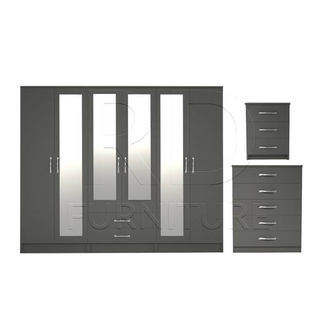 Bedroom Set, Grey Set, Wardrobe, Mirrored Chest Of Drawers & A Bedside Table. Ready Assembled - image 1