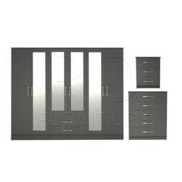 Bedroom Set, Grey Set, Wardrobe, Mirrored Chest Of Drawers & A Bedside Table. Ready Assembled