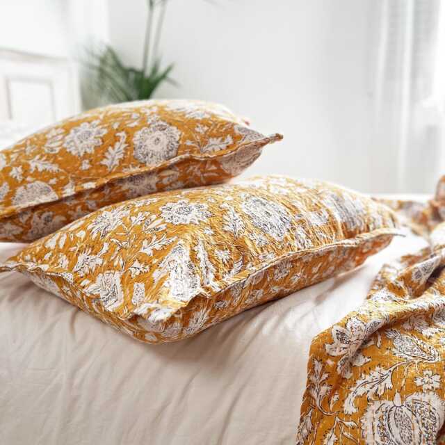 Yellow Floral Kantha Pillow Sham Hand-stitched 100% Cotton Block Print Pillowcase - image 1