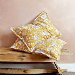 Yellow Floral Kantha Pillow Sham Hand-stitched 100% Cotton Block Print Pillowcase - thumbnail 2