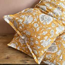 Yellow Floral Kantha Pillow Sham Hand-stitched 100% Cotton Block Print Pillowcase - thumbnail 3