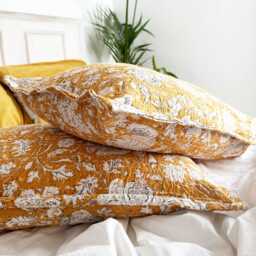 Yellow Floral Kantha Pillow Sham Hand-stitched 100% Cotton Block Print Pillowcase - thumbnail 4