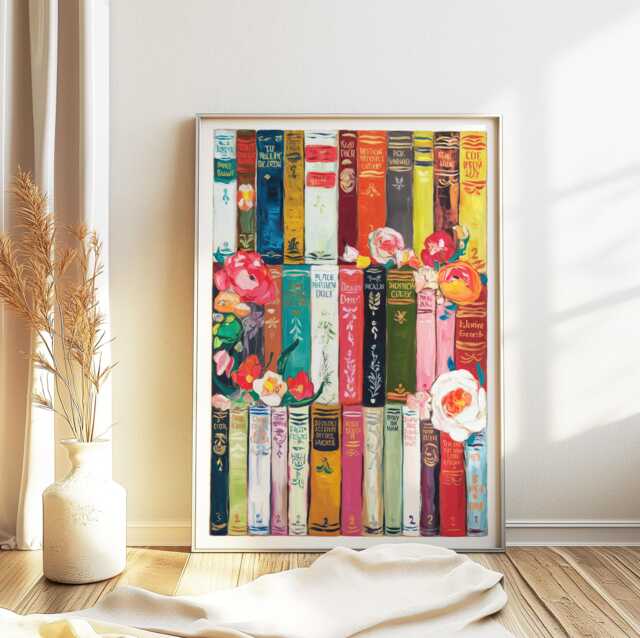 Vintage Library Poster, Book Art, Reading Lovers Gift, Antique Wall Floral Flowers - image 1