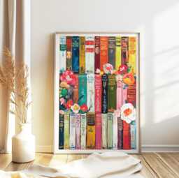 Vintage Library Poster, Book Art, Reading Lovers Gift, Antique Wall Floral Flowers - thumbnail 1