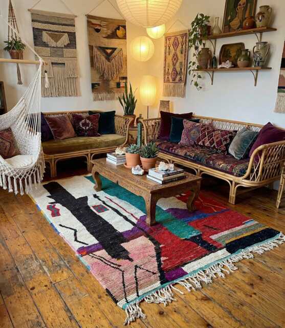 Authentic Handmade Moroccan Rug - Colorful Abstract Landscape Wool Carpet Pictorial Folk Art Area - image 1