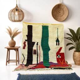 Authentic Handmade Moroccan Rug - Colorful Abstract Landscape Wool Carpet Pictorial Folk Art Area - thumbnail 3