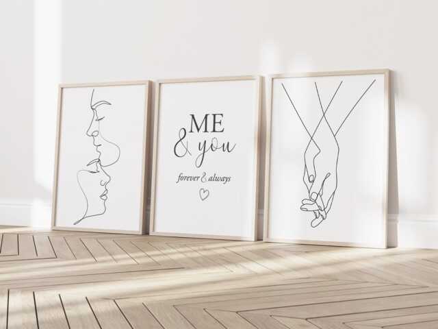 Couples Line Art Drawing Prints Heart Hands Kiss Love Abstract Romantic Bed Unframed - image 1