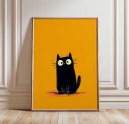 Black Cat Poster, Cute Wall Art Print, Bold Orange Background, Funny Minimalist Illustration, Quirky Animal Decor For Lovers - thumbnail 1