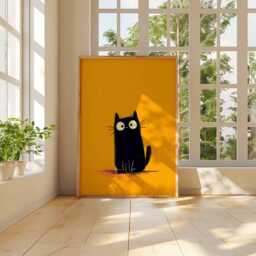 Black Cat Poster, Cute Wall Art Print, Bold Orange Background, Funny Minimalist Illustration, Quirky Animal Decor For Lovers - thumbnail 3