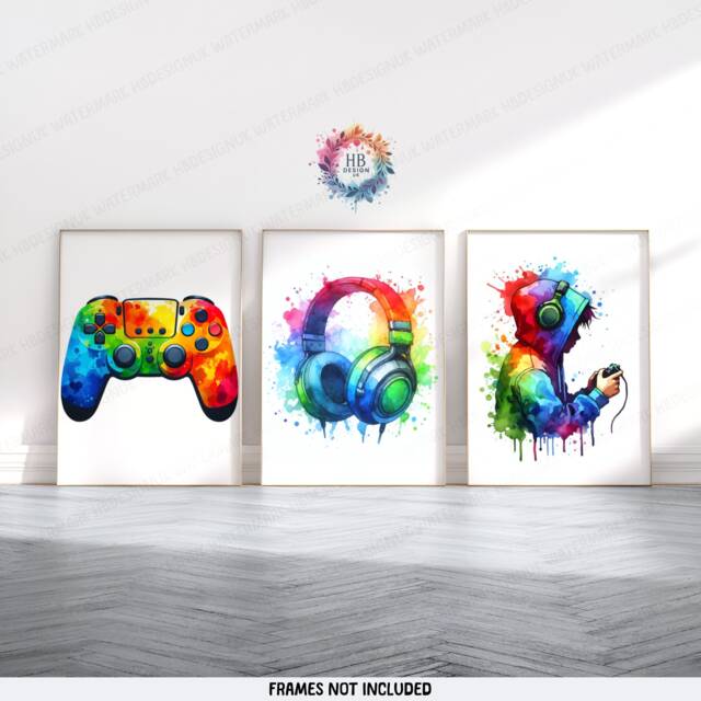 Gaming Controller Poster Prints - Set Of 3 Gamer - Teen Bedroom Decor Video Game Room Watercolour Wall Art Print - image 1