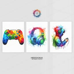 Gaming Controller Poster Prints - Set Of 3 Gamer - Teen Bedroom Decor Video Game Room Watercolour Wall Art Print - thumbnail 2