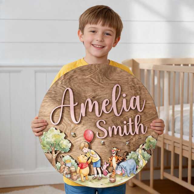 Personalized Winnie The Pooh Wooden Name Sign, Custom Nursery Wall Decor, Kids Room 3D Bedroom Decor - image 1